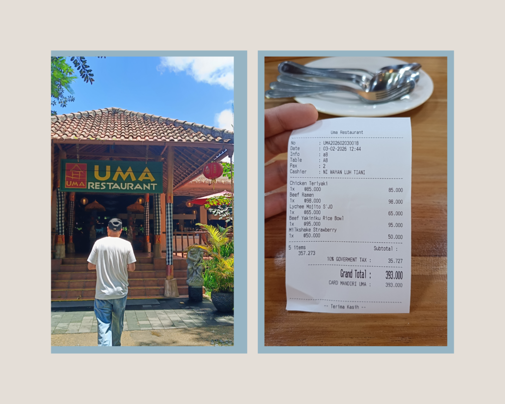 Uma Restaurant 門面與收據組合圖