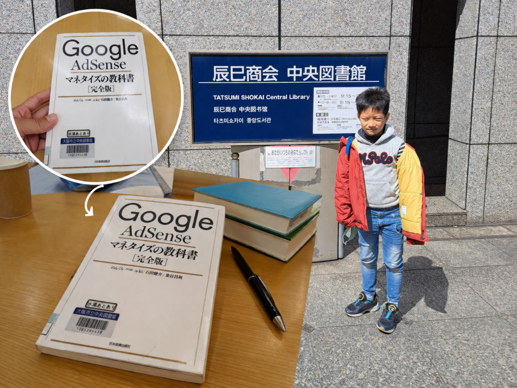 大阪中央圖書館(辰巳商會)參訪,男孩戶外合影與Google AdSense書籍,日本自由行學習與旅遊紀錄