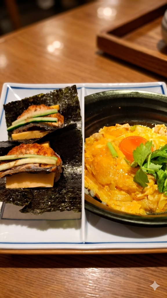 Tsurutontan 慶功宴的豐富副餐:精緻的鰻魚壽司與熱騰騰的經典親子丼蓋飯。