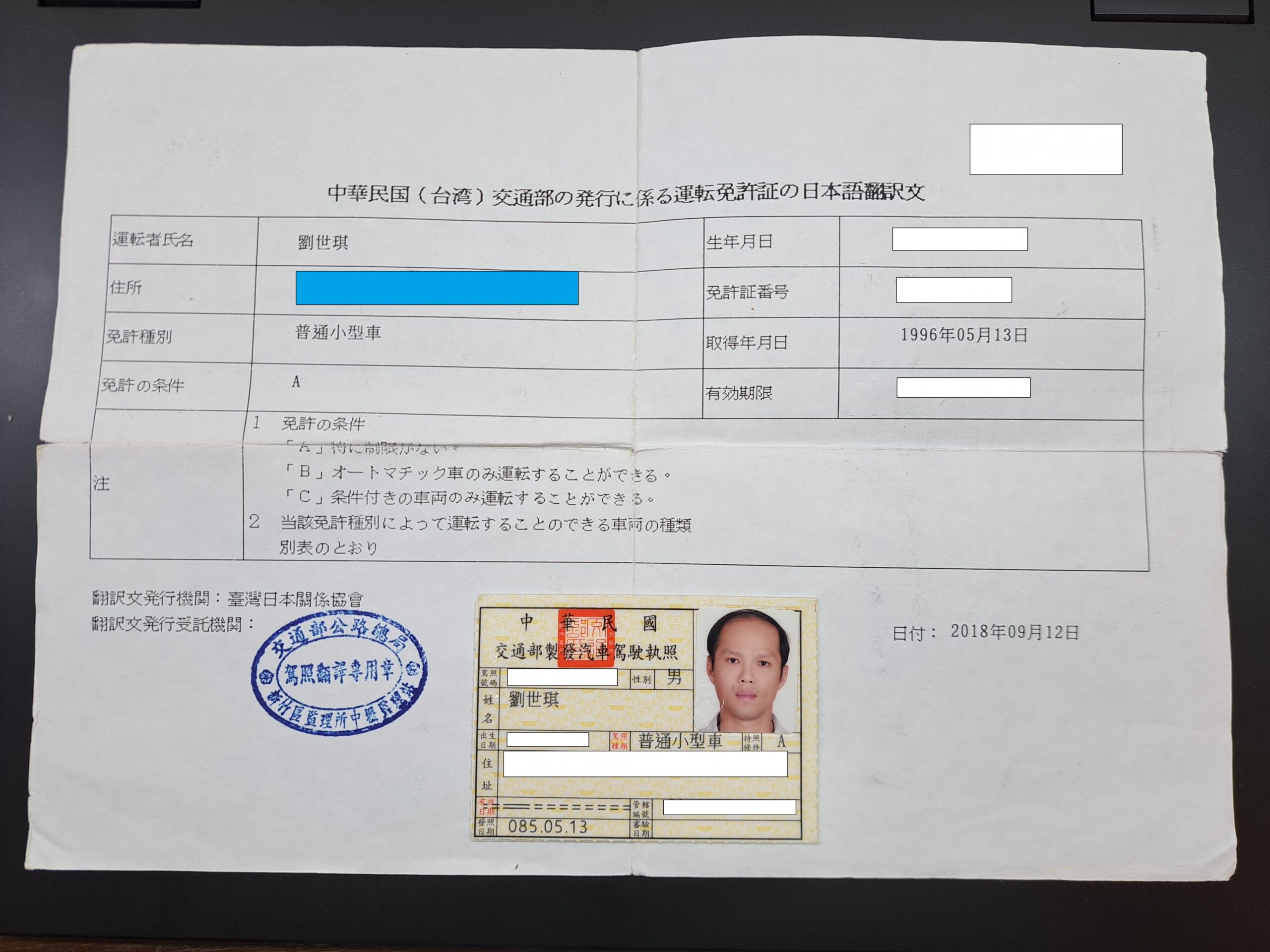 2026年日本租車必備文件：台灣駕照正本與日文譯本對照圖